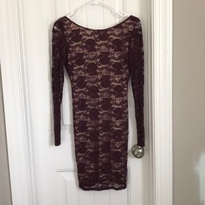 Wine Lace Long Sleeved Dress